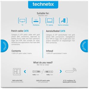 Technetix Cat6 netwerkkabel 2 meter wit Ziggo en KPN geschikt