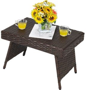 COSTWAY Patio Rieten Opvouwbare Salontafel, Buiten Roten Bijzettafel Met PVC Plaat & Stevig Stalen Frame, Anti-slip Voetdoppen, Perfect voor Zwembad, Achtertuin, Balkon, Tuin, Ruimtebesparend Ontwerp