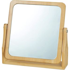 Draaibare make-up spiegel vierkant HBD: 27x26x7 cm staande tafelspiegel bamboe frame natuur