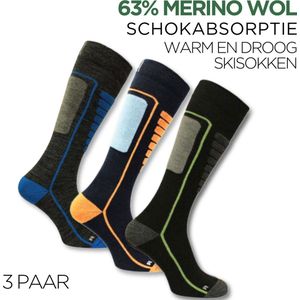 Norfolk - Skisokken - 3 Paar - 63% Merino Wol Schokabsorptie Skisokken - Naadloos - Zacht, Warm en Droog - Zwart/Smoked/Blauw - Maat 43-46 - Courchevel 3 Pack