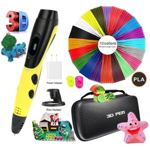 3D-printpen met 12 kleuren PLA-filamentondersteuning ABS/PLA-filament DIY-tekencadeau voor kinderen met LCD-scherm - Geel