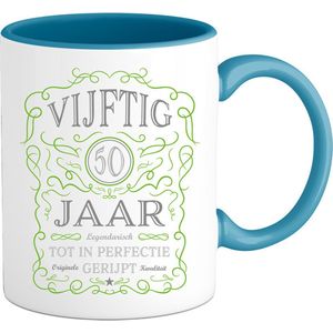 50 Jaar Legendarische Gebrouwen Abraham en Sarah Mok met tekst | Groen - Zilver | Grappig Verjaardag Beker Cadeau | Bedrukte Mokken | Blauw | 330 ML