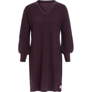Knit Factory Robin Dames Jurk - Gebreide Trui Jurk - Wollen jurk - Herfst- & winterjurk - Wijde jurk - V-hals - Aubergine - 36/38 - Knielengte