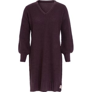 Knit Factory Robin Dames Jurk - Gebreide Trui Jurk - Wollen jurk - Herfst- & winterjurk - Wijde jurk - V-hals - Aubergine - 40/42 - Knielengte