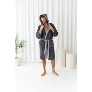 Casilin - Bi-color Badjas Teddy - Met kap voor Dames en Heren - Maat M - Voor Volwassen - Met capuchon - Badstof, Fleece, Katoen - Absorberend - Wasmachinebestendig -Grijs