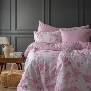 Beddengoedset 155 x 220 cm katoen omkeerbaar bloemen strepen roze dekbedovertrek (roze 155 x 220 cm + 80 x 80 cm