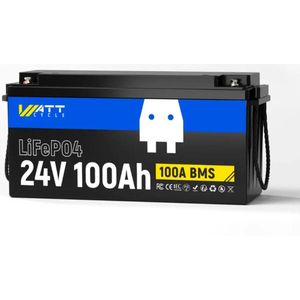 WattCycle 24V 100Ah LiFePO4-batterij, draagbare noodstroomvoorziening, ingebouwde 100A BMS, 2560Wh, waterdicht, perfect voor zonne-energiesystemen, noodstroom, off-grid en RV