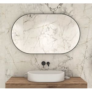 Ovale badkamerspiegel met verlichting, verwarming, instelbare lichtkleur, dimfunctie en mat zwart frame 120×70 cm