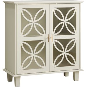 Dressoir met verstelbare planken, vrijstaande badkamerkast met gehard glazen deuren, moderne retro keukenconsoletafel, decoratieve opbergkast met twee deuren, crème
