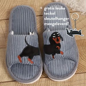 Teckel - hond - grijs - slippers - teenslippers - zwarte teckel - teckelprint - maat 40/41 - teckel pantoffels