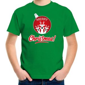 Rendier Kerstbal shirt / Kerst t-shirt Merry Christmas groen voor kinderen - Kerstkleding / Christmas outfit 164/176