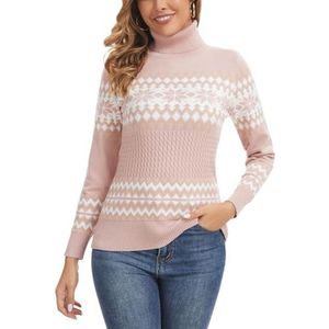 Kersttrui voor dames, fijn gebreid met rolkraag en sneeuwvlokkenpatroon