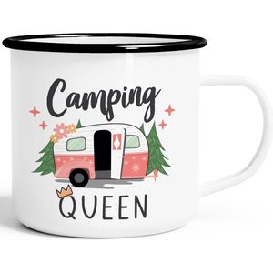 Emaille mok Camping Queen King caravan cadeau camper campingvakantie accessoires Queen emaille-wit-zwart standaard