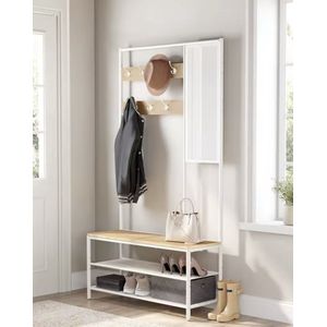 J&R - Kapstok - Hout en Metaal - Wit en Lichtbruin - 7 Haken - Spiegel - Landelijk