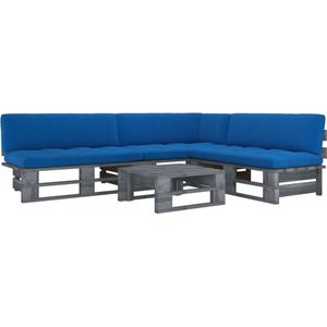 The Living Store loungeset Pallet - grenenhout - koningsblauwe kussens - tafel 60x60x25cm - midden/hoekbank 110x65x55cm - geschikt voor binnen en buiten - montage vereist