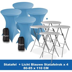 Statafel x 4 + Statafelrok Licht Blauw x 4 - ∅ 80-85 x 110 cm – Statafels Inklapbaar – Robuust + Weerbestendige Cocktailtafel + Stretch Hoes Tafelrok – Makkelijk op te bergen Inklapbare Partytafel – Evenement en Feest Tafel