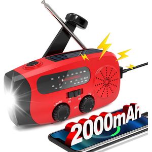 Noodradio Solar Opwindbaar en Batterij - Noodpakket - Draagbare Survival Radio - 2000 mAh - Powerbank Zonneenergie -Zaklamp – Rood