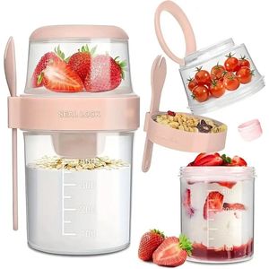 Ultiluxe® Yoghurt beker met lepel/vork - Roze - Voor fruit, muesli, pap - Yoghurtbeker to go - 560 ml + 310 ml - Lekvrije beker voor onderweg, school, werk - Dubbel laags mueslibeker - Lekvrij - Lunchbeker, schoolbeker, lunchbox