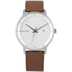 Venster Watches - Minimalistisch Horloge - Heren - Beige leer en witte wijzerplaat - Design Amsterdam - Inclusief geschenkverpakking