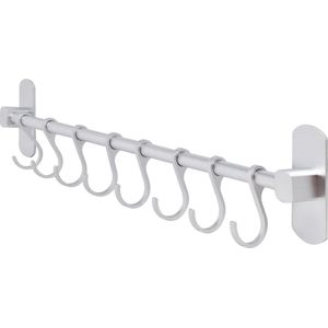 Zelfklevende Keukengerei Houder Zilverkleurig - 40 cm Keukenstang met 8 Haken - Organizer voor Keuken, Badkamer of Garage ophangrek keukengerei