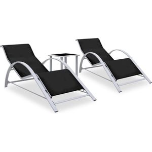 The Living Store Ligbedden 2 st met tafel aluminium zwart - Loungeset - Lounge Stoel - Tuinstoel - Buitentijdbedding - Aluminium Meubel