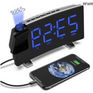 RFWR® Digitale wekker met projectie en FM-radio - Reiswekker met USB-aansluiting en Dimbare LED Display