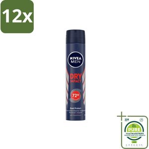 NIVEA MEN – Anti-transpirant spray – Dry Impact – 200 ml - Voordeelverpakking - 12 stuks - Anti-transpirant spray - Zweet en geur