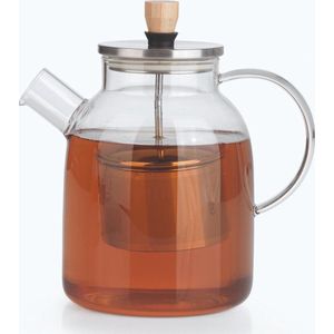 BEEM Teapot Glass, Glazen theepot met theefilter – 1,5L, Glas/Bamboo/RVS