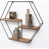 Zwart metalen wandrek industrieel met 3 houten plankjes - Zeshoek - 48x55x10 cm