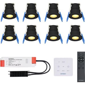 HOFTRONIC Milano - 8x3W Zwarte LED Inbouwspots - Traploos dimbaar met RF-afstandsbediening & Touchdimmer - Zwart - IP65 Waterdicht - 2700K Extra warm wit - CREE LEDs 12V - Verandaverlichting - Plafondspotjes badkamer