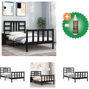 vidaXL Bedframe met hoofdbord massief hout zwart 90x200 cm - Bed - Inclusief Houtreiniger en verfrisser