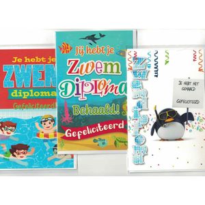 Wenskaart - zwemdiploma - kinderen - gefeliciteerd - set van 3