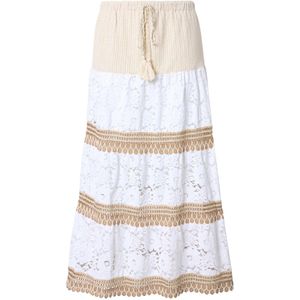 MIAMODA - Dames - Maxi-rok A-lijn kanten stroken en borduursel - Sneeuwwit - Maat 42