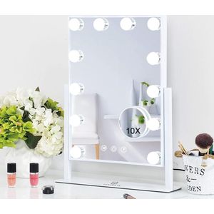 Hollywood spiegel make-up spiegel met verlichting 12 dimbare LED lampen 360° draaibare make-up spiegel met 3 lichtkleuren 10x vergroting touch bediening wit 30x41 cm