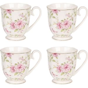 HAES DECO - Mokken set van 4 - formaat 11x8x9 cm / 200 ml - kleuren Roze / Groen / Wit - Bedrukt met Bloemen - Collectie: Mok - Mokkenset, Koffiemok, Koffiebeker