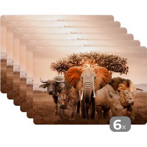 Placemat dieren - Wilde dieren - Natuur - Afrika - Olifant - Placemat kinderen - Placemats - Placemat antislip - Onderleggers tafel - Tafelbeschermer - 45x30 cm - Keuken - Onderleggers borden