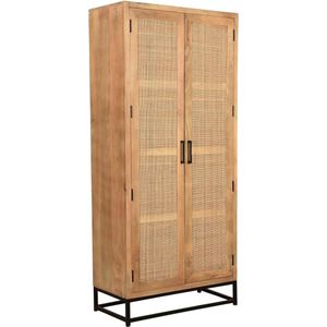 Hermoso Living - CANE - Garderobe kast - Mangohout, rotan fronf met zwart stalen frame - 2 deuren - 3 legplanken (2 uitneembaar) - uitneembare houten gaderobe stang