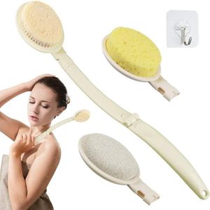 3-in-1 rugschrobber met lange steel voor de douche - Spons, Puimsteen en Loofah scrubbers