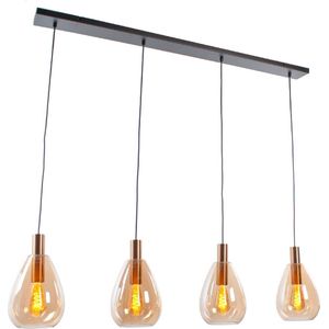 Moderne Hanglamp Dorato | 4 lichts | goud / zwart | glas amber / metaal | Ø 18,5 cm | in hoogte verstelbaar tot 150 cm | eetkamer / eettafel lamp | modern / sfeervol design | lengte van 120 cm