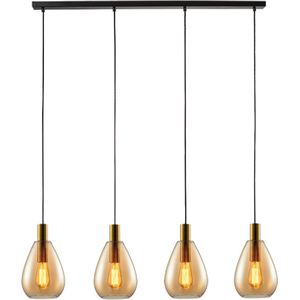 Moderne Hanglamp Dorato | 4 lichts | goud / zwart | glas amber / metaal | Ø 18,5 cm | in hoogte verstelbaar tot 150 cm | eetkamer / eettafel lamp | modern / sfeervol design | lengte van 120 cm