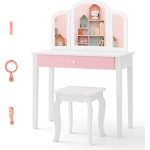 COSTWAY 2-in-1 make-uptafelset, kaptafel met drievoudig inklapbare spiegel en lade, prinsessen make-uptafel met make-upkruk, make-upcommode kindertafel voor kinderen en meisjes (wit)