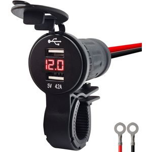 ProRide 12V USB Lader Motor - USB Aansluiting Motor - 2 Poorten - Met Voltmeter - 5V/4.2A - Voor Motor en Motorfiets - Rood