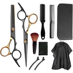 CHIWIN Kappersset - 10-Delige - Professionele Kappersschaar Rechtshandig en Uitdunschaar - Roestvrij Staal - Complete Haarverzorgingsset - Inclusief Cape & Opbergbox - Vaderdag Cadeau - Makkelijk schoon te maken - Zwart goud