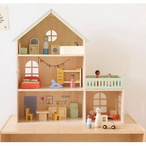Petite Amélie Houten Poppenhuis - Meerkleurige Viering - H.60 cm - Incl. 15 Poppenhuis Meubels – Drie Verdiepingen vol Fantasie – Feestelijke Kleurenpracht