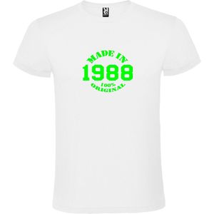 Wit T-Shirt met “Made in 1988 / 100% Original “ Afbeelding Neon Groen Size XS