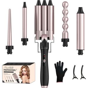 Luxe Wafeltang – Wafeltang Voor Dik en Dun Haar - Krultang 5 in 1 – Wave Tang Voor krullen – Krultang met Handschoenen – Met Haarspelden - Rose