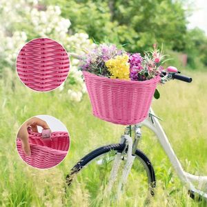 Rieten fietsmand voor kinderen - handgemaakt - roze - 21 x 14 x 15 cm