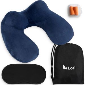 Loti Opblaasbaar Nekkussen set 3 in 1 met Opbergtasje - Vliegtuig Kussen - Reiskussentje - Fluweel - Inclusief slaapmasker en oordoppen – Blauw
