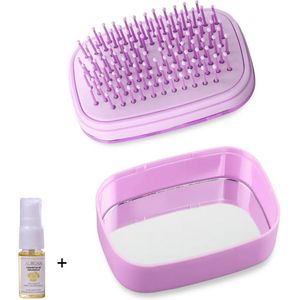 Aurgan Anti-Klit Haarborstel - Paars - Comfortabele Kussen - Zelfreinigende Borstel met spiegel - inclusief 10ml Aurgan arganolie