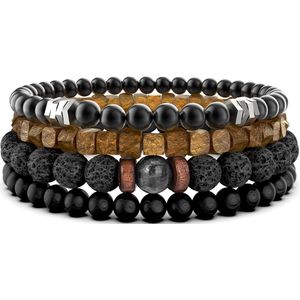 Malinsi® Armband Heren en Dames - Onyx en Lava Stone Natuursteen Set van 4 Wood - Mannen en Vrouwen Kralen Armbandje